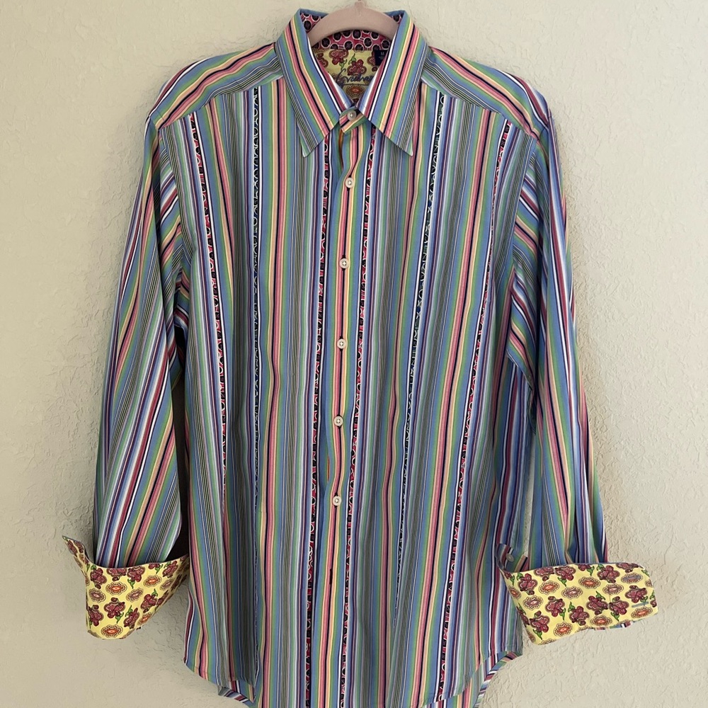 Robert Graham Mens Medium Multi Long Sleeve Stripe Flip Cuff Embroidery Shirt